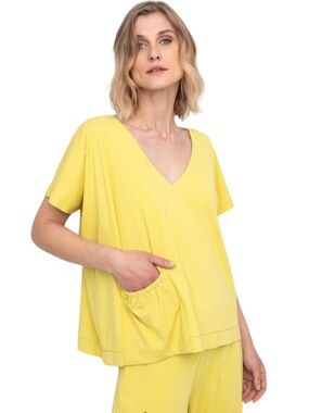 Ozai N Ku Yellow V Neck Pocket Top Large NWT Resort Tunic Blouse Short Sleeve